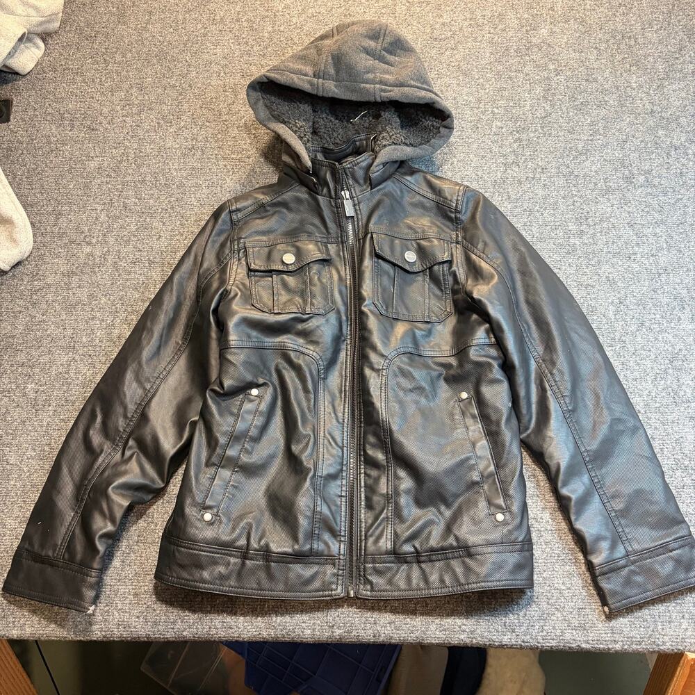 Urban Republic Kids Black Faux Leather Hooded Moto Jacket Sherpa Lined Size L